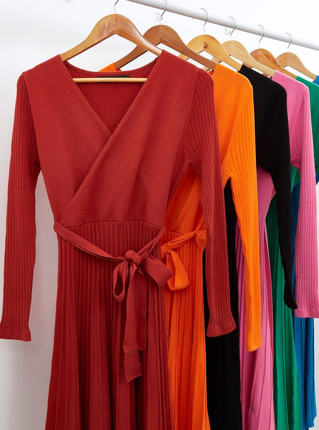 imageZESICA Womens Spring Long Sleeve Wrap V Neck Ribbed Knit Pleated A Line Pullover Sweater Dress with BeltRust