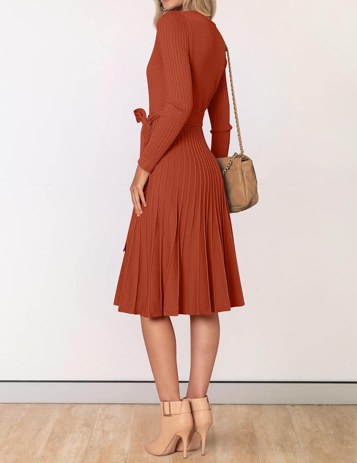 imageZESICA Womens Spring Long Sleeve Wrap V Neck Ribbed Knit Pleated A Line Pullover Sweater Dress with BeltRust