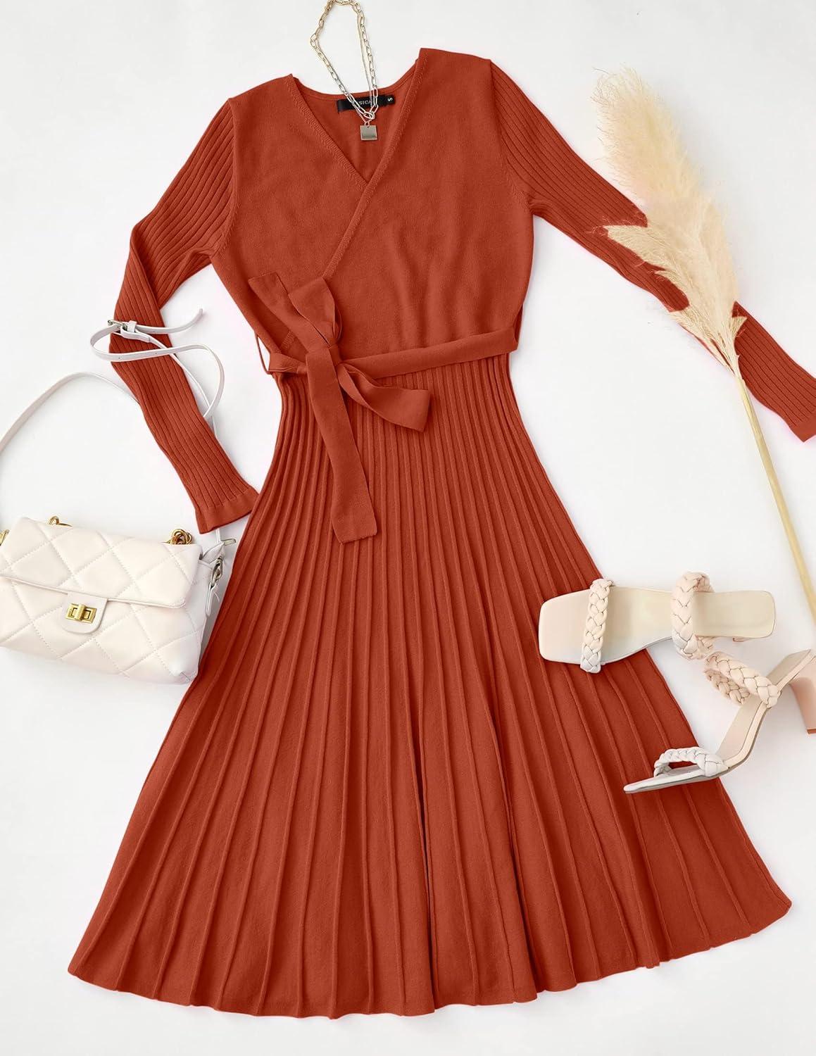 imageZESICA Womens Spring Long Sleeve Wrap V Neck Ribbed Knit Pleated A Line Pullover Sweater Dress with BeltRust