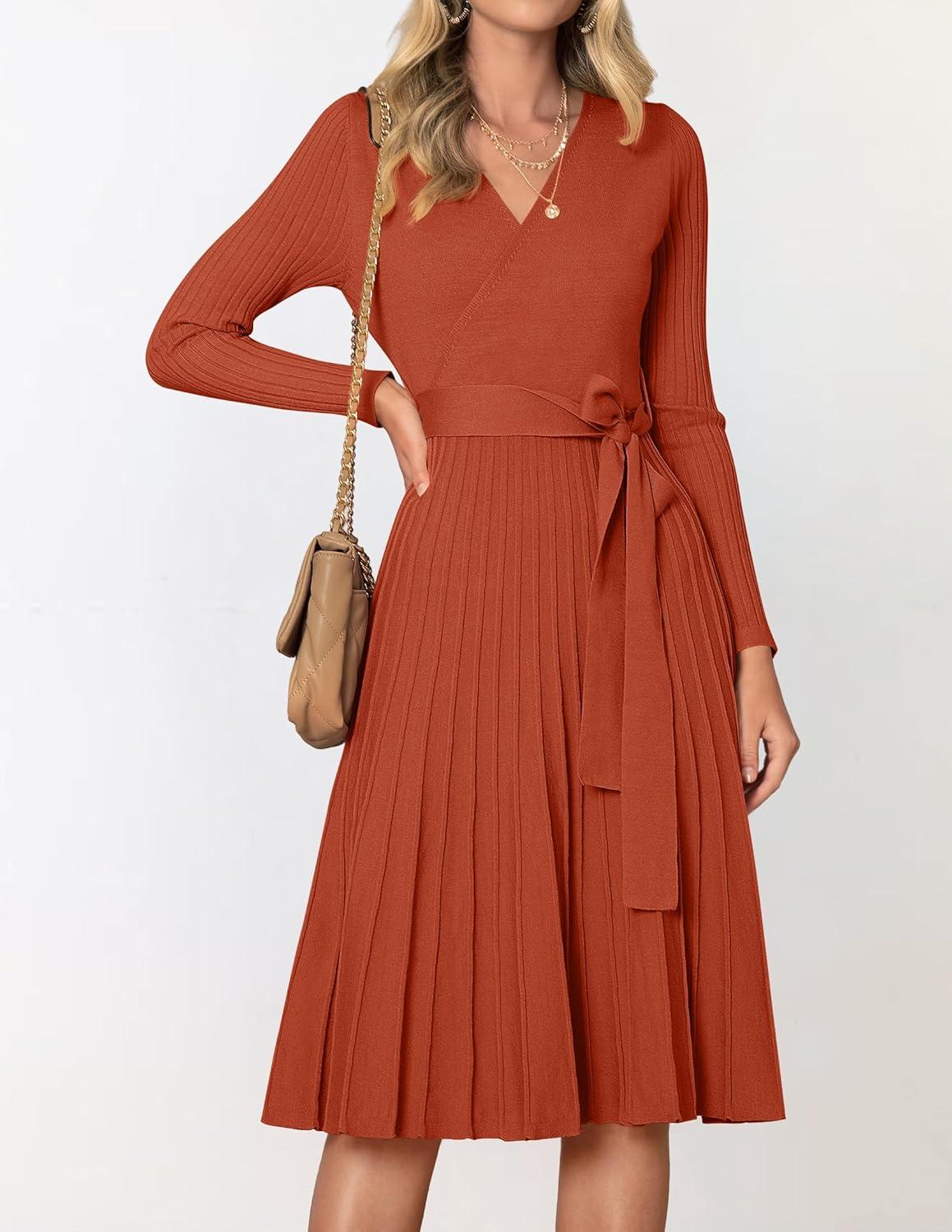 imageZESICA Womens Spring Long Sleeve Wrap V Neck Ribbed Knit Pleated A Line Pullover Sweater Dress with BeltRust