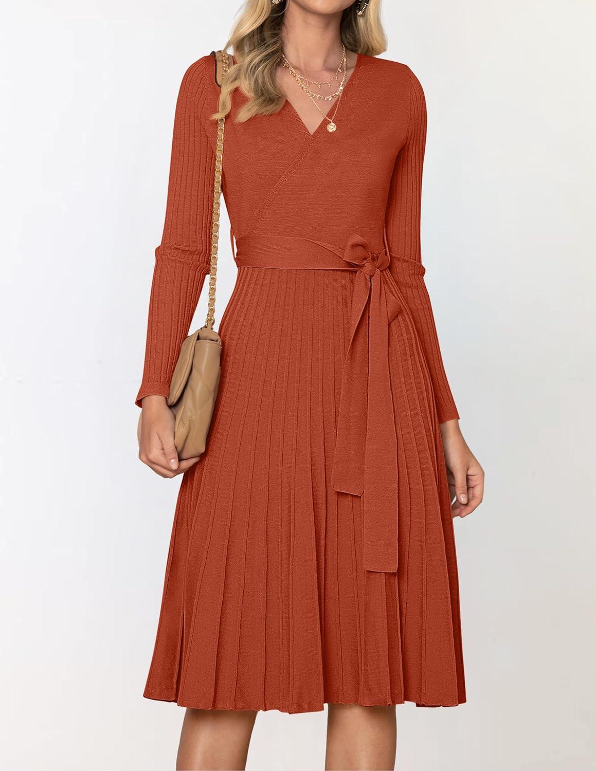 imageZESICA Womens Spring Long Sleeve Wrap V Neck Ribbed Knit Pleated A Line Pullover Sweater Dress with BeltRust