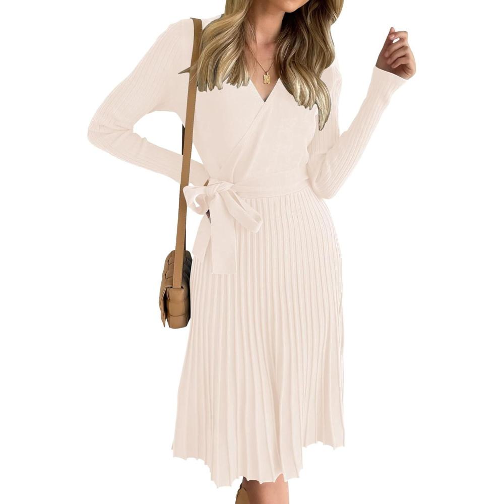 imageZESICA Womens Spring Long Sleeve Wrap V Neck Ribbed Knit Pleated A Line Pullover Sweater Dress with BeltApricot