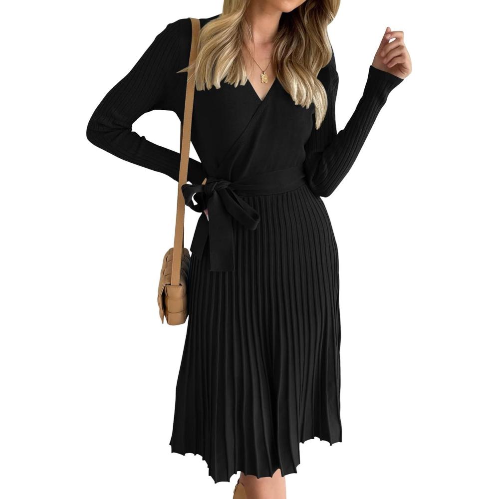 imageZESICA Womens Spring Long Sleeve Wrap V Neck Ribbed Knit Pleated A Line Pullover Sweater Dress with BeltBlack