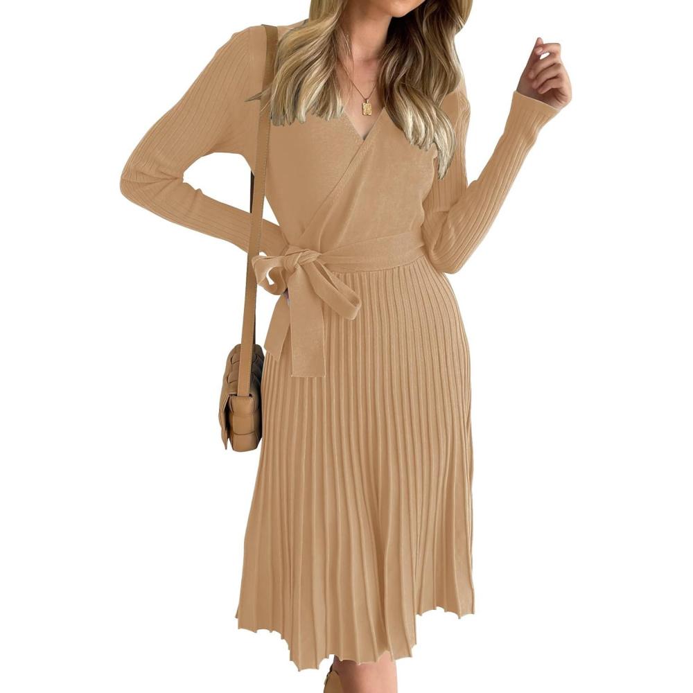 imageZESICA Womens Spring Long Sleeve Wrap V Neck Ribbed Knit Pleated A Line Pullover Sweater Dress with BeltCamel