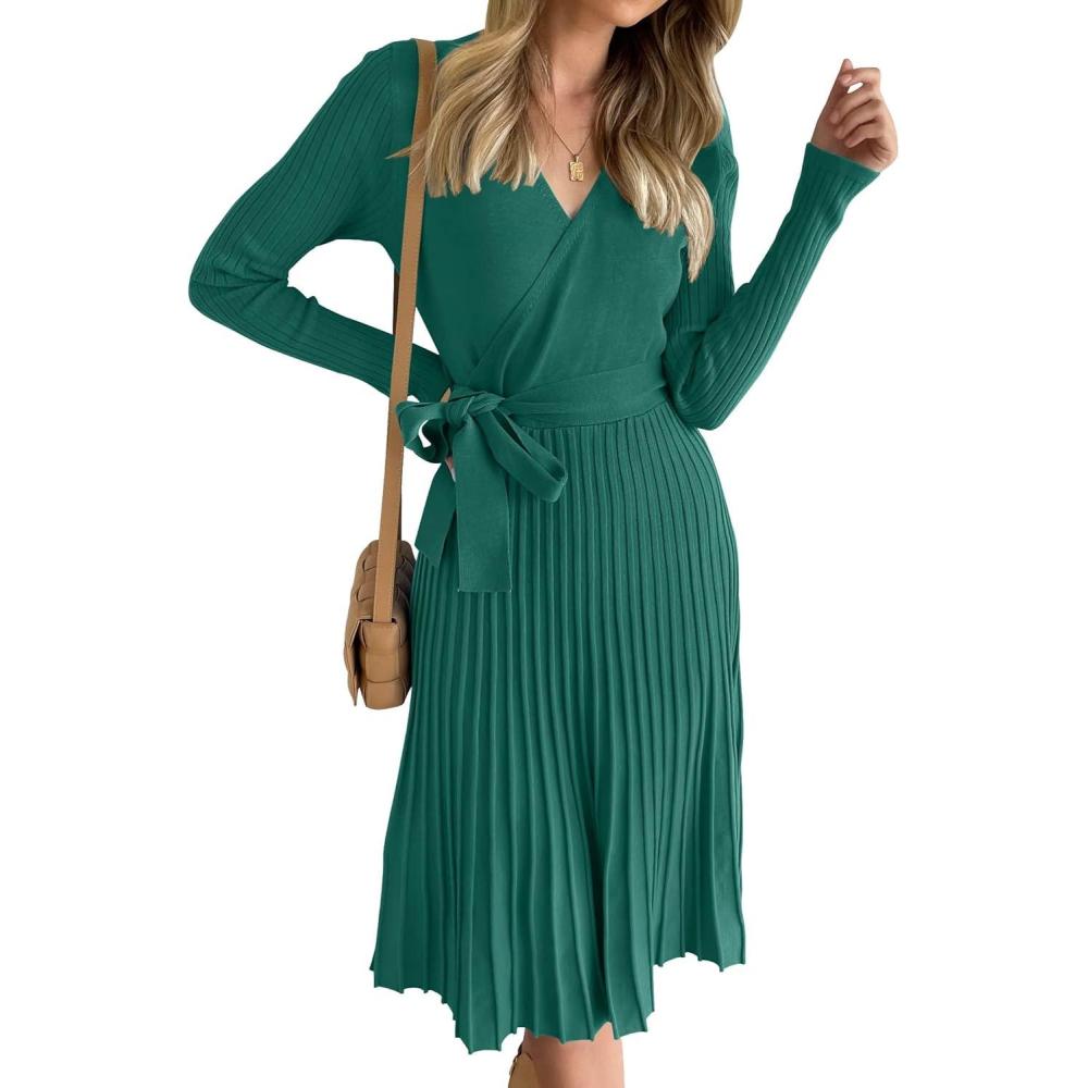 imageZESICA Womens Spring Long Sleeve Wrap V Neck Ribbed Knit Pleated A Line Pullover Sweater Dress with BeltForestgreen