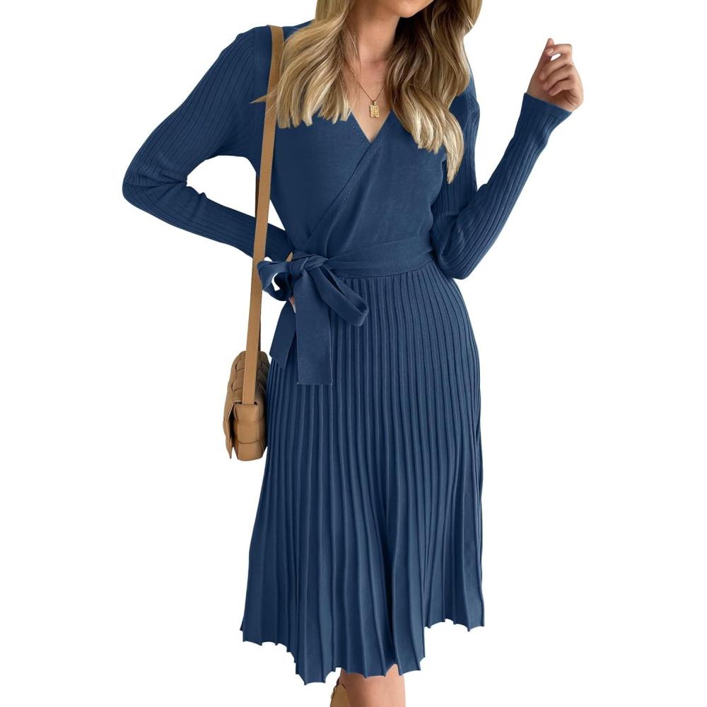 imageZESICA Womens Spring Long Sleeve Wrap V Neck Ribbed Knit Pleated A Line Pullover Sweater Dress with BeltNavy
