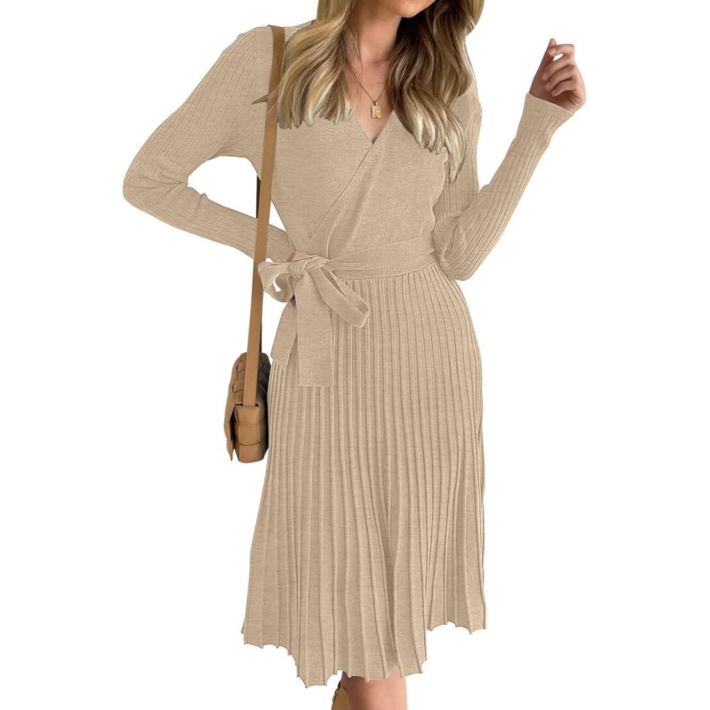 imageZESICA Womens Spring Long Sleeve Wrap V Neck Ribbed Knit Pleated A Line Pullover Sweater Dress with BeltOatmeal