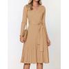 ZESICA Women’s Spring Long Sleeve Wrap V Neck Ribbed Knit Pleated A Line Pullover Sweater Dress with Belt(Camel)