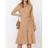 ZESICA Women’s Spring Long Sleeve Wrap V Neck Ribbed Knit Pleated A Line Pullover Sweater Dress with Belt(Camel)