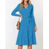 ZESICA Women’s Spring Long Sleeve Wrap V Neck Ribbed Knit Pleated A Line Pullover Sweater Dress with Belt(Cobaltblue)