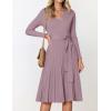 ZESICA Women’s Spring Long Sleeve Wrap V Neck Ribbed Knit Pleated A Line Pullover Sweater Dress with Belt(Darkviolet)