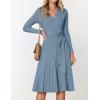 ZESICA Women’s Spring Long Sleeve Wrap V Neck Ribbed Knit Pleated A Line Pullover Sweater Dress with Belt(Dustyblue)