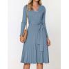 ZESICA Women’s Spring Long Sleeve Wrap V Neck Ribbed Knit Pleated A Line Pullover Sweater Dress with Belt(Dustyblue)