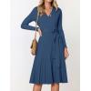 ZESICA Women’s Spring Long Sleeve Wrap V Neck Ribbed Knit Pleated A Line Pullover Sweater Dress with Belt(Navy)