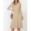 ZESICA Women’s Spring Long Sleeve Wrap V Neck Ribbed Knit Pleated A Line Pullover Sweater Dress with Belt(Oatmeal)