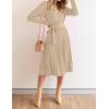 ZESICA Women’s Spring Long Sleeve Wrap V Neck Ribbed Knit Pleated A Line Pullover Sweater Dress with Belt(Oatmeal)