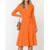 ZESICA Women’s Spring Long Sleeve Wrap V Neck Ribbed Knit Pleated A Line Pullover Sweater Dress with Belt(Orange)