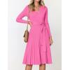 ZESICA Women’s Spring Long Sleeve Wrap V Neck Ribbed Knit Pleated A Line Pullover Sweater Dress with Belt(Pink)
