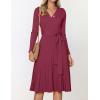ZESICA Women’s Spring Long Sleeve Wrap V Neck Ribbed Knit Pleated A Line Pullover Sweater Dress with Belt(Plum)