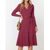 ZESICA Women’s Spring Long Sleeve Wrap V Neck Ribbed Knit Pleated A Line Pullover Sweater Dress with Belt(Plum)