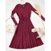 ZESICA Women’s Spring Long Sleeve Wrap V Neck Ribbed Knit Pleated A Line Pullover Sweater Dress with Belt(Plum)