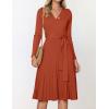 ZESICA Women’s Spring Long Sleeve Wrap V Neck Ribbed Knit Pleated A Line Pullover Sweater Dress with Belt(Rust)