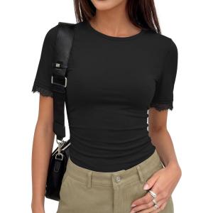 ZESICA Women’s 2026 Spring Lace Short Sleeve T Shirts Summer Crewneck Fitted Going Out Tops Dressy Fashion Clothes(Black)