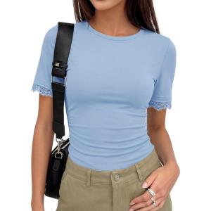 ZESICA Women’s 2026 Spring Lace Short Sleeve T Shirts Summer Crewneck Fitted Going Out Tops Dressy Fashion Clothes(Blue)