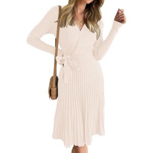 ZESICA Women’s Spring Long Sleeve Wrap V Neck Ribbed Knit Pleated A Line Pullover Sweater Dress with Belt(Apricot)