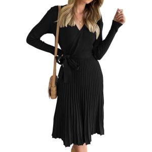 ZESICA Women’s Spring Long Sleeve Wrap V Neck Ribbed Knit Pleated A Line Pullover Sweater Dress with Belt(Black)