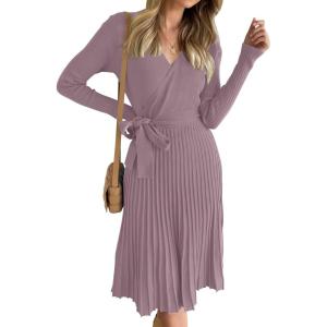 ZESICA Women’s Spring Long Sleeve Wrap V Neck Ribbed Knit Pleated A Line Pullover Sweater Dress with Belt(Darkviolet)