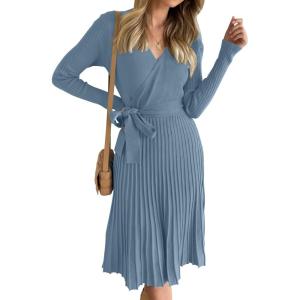 ZESICA Women’s Spring Long Sleeve Wrap V Neck Ribbed Knit Pleated A Line Pullover Sweater Dress with Belt(Dustyblue)