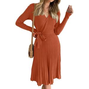 ZESICA Women’s Spring Long Sleeve Wrap V Neck Ribbed Knit Pleated A Line Pullover Sweater Dress with Belt(Maple)