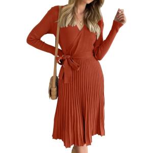 ZESICA Women’s Spring Long Sleeve Wrap V Neck Ribbed Knit Pleated A Line Pullover Sweater Dress with Belt(Rust)