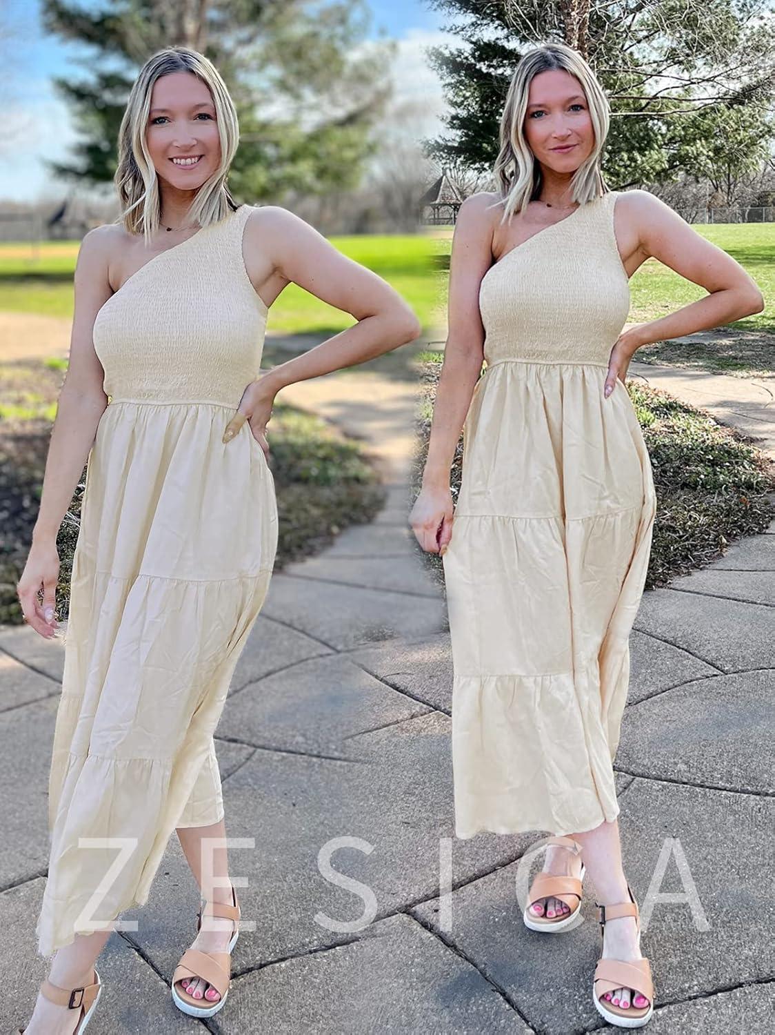 imageZESICA Womens 2026 Bohemian Summer Floral Print One Shoulder Sleeveless Smocked Ruffle Tiered Beach Long Midi DressBeige