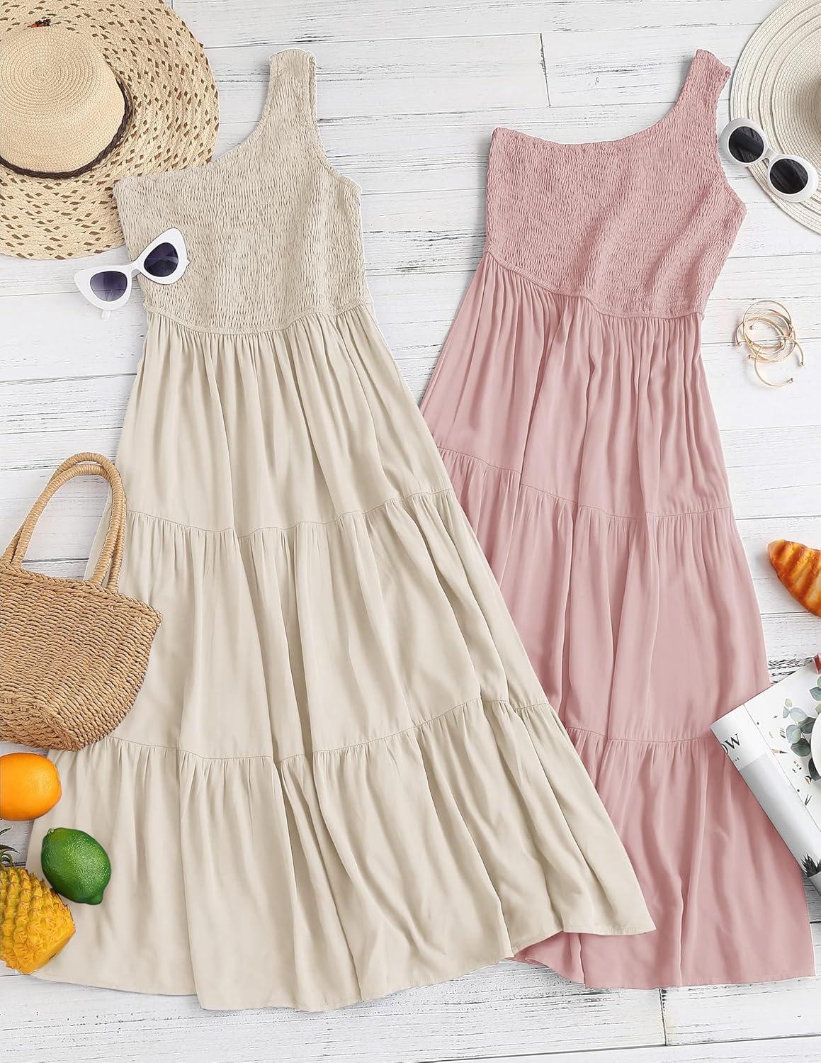 imageZESICA Womens 2026 Bohemian Summer Floral Print One Shoulder Sleeveless Smocked Ruffle Tiered Beach Long Midi DressBeige