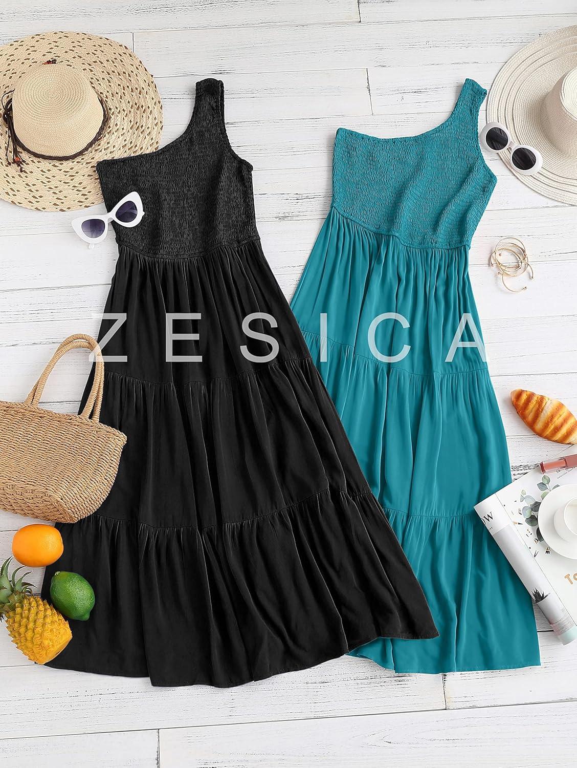 imageZESICA Womens 2026 Bohemian Summer Floral Print One Shoulder Sleeveless Smocked Ruffle Tiered Beach Long Midi DressBlack