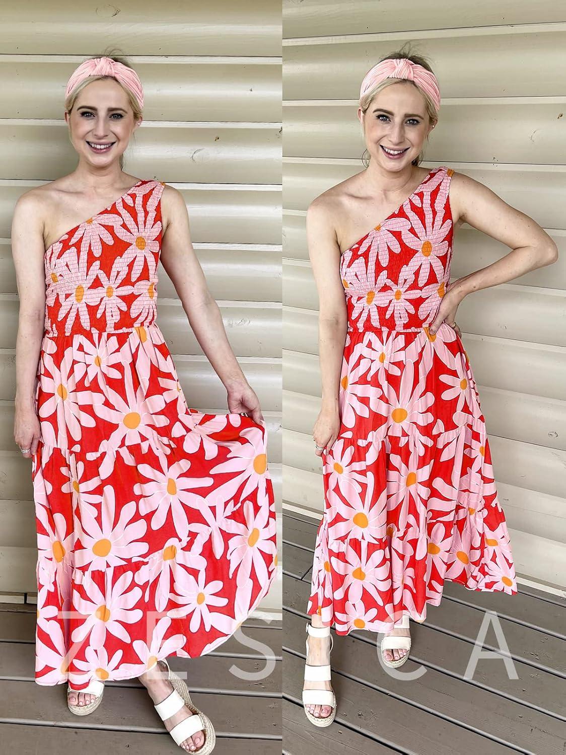 imageZESICA Womens 2026 Bohemian Summer Floral Print One Shoulder Sleeveless Smocked Ruffle Tiered Beach Long Midi DressRed
