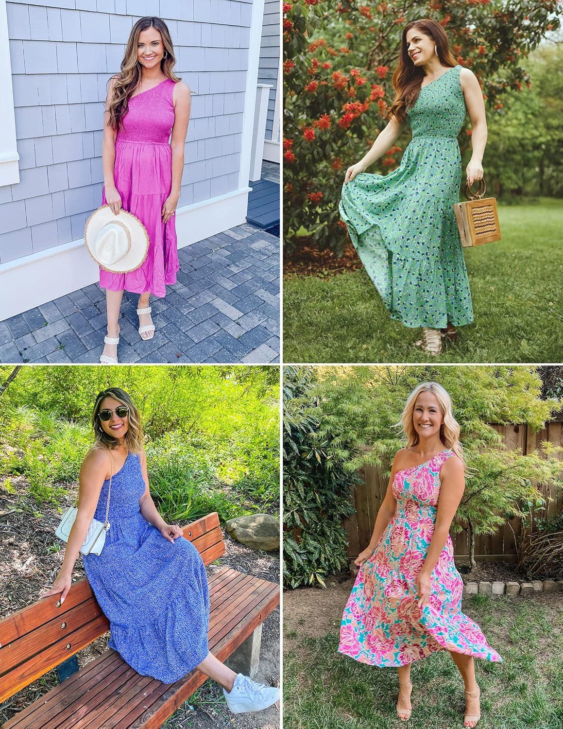 imageZESICA Womens 2026 Bohemian Summer Floral Print One Shoulder Sleeveless Smocked Ruffle Tiered Beach Long Midi DressRed