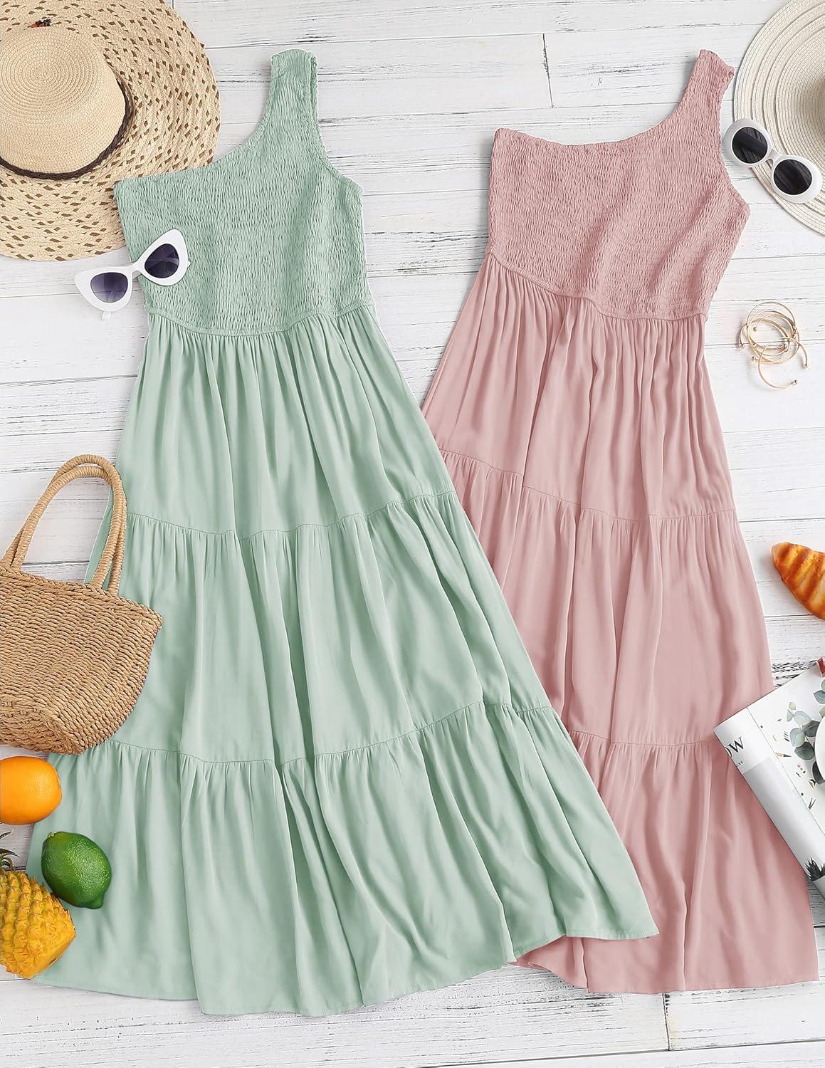 imageZESICA Womens 2026 Bohemian Summer Floral Print One Shoulder Sleeveless Smocked Ruffle Tiered Beach Long Midi DressSage