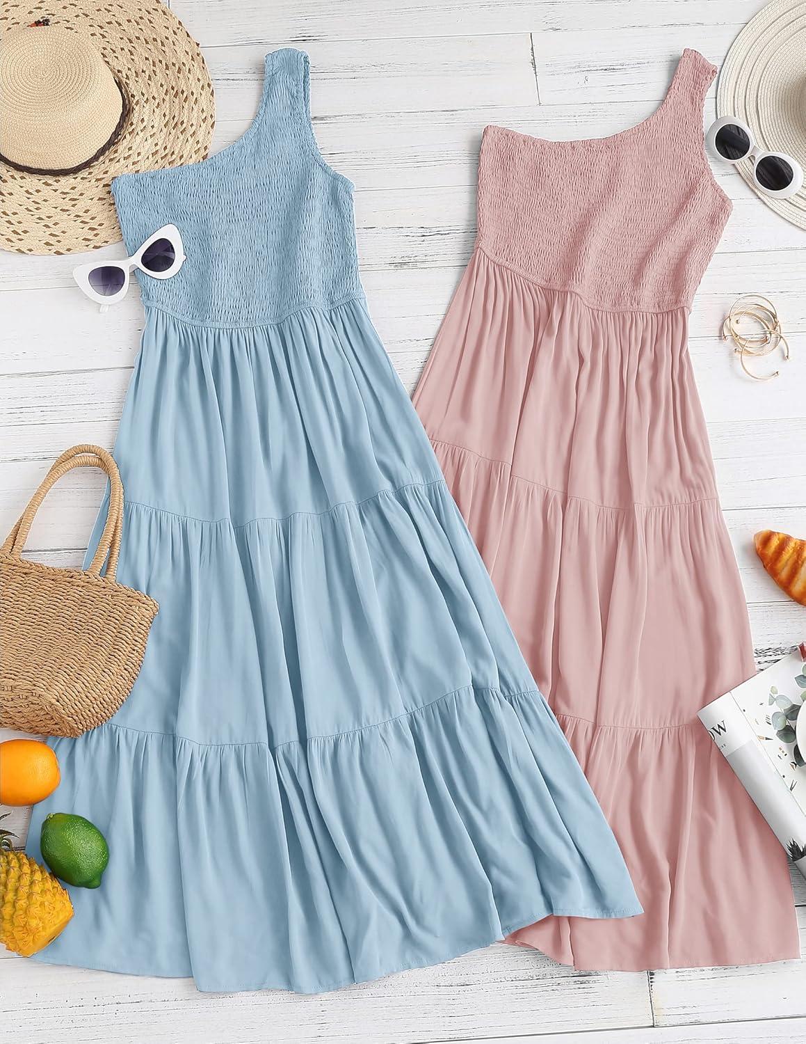 imageZESICA Womens 2026 Bohemian Summer Floral Print One Shoulder Sleeveless Smocked Ruffle Tiered Beach Long Midi DressSkyblue
