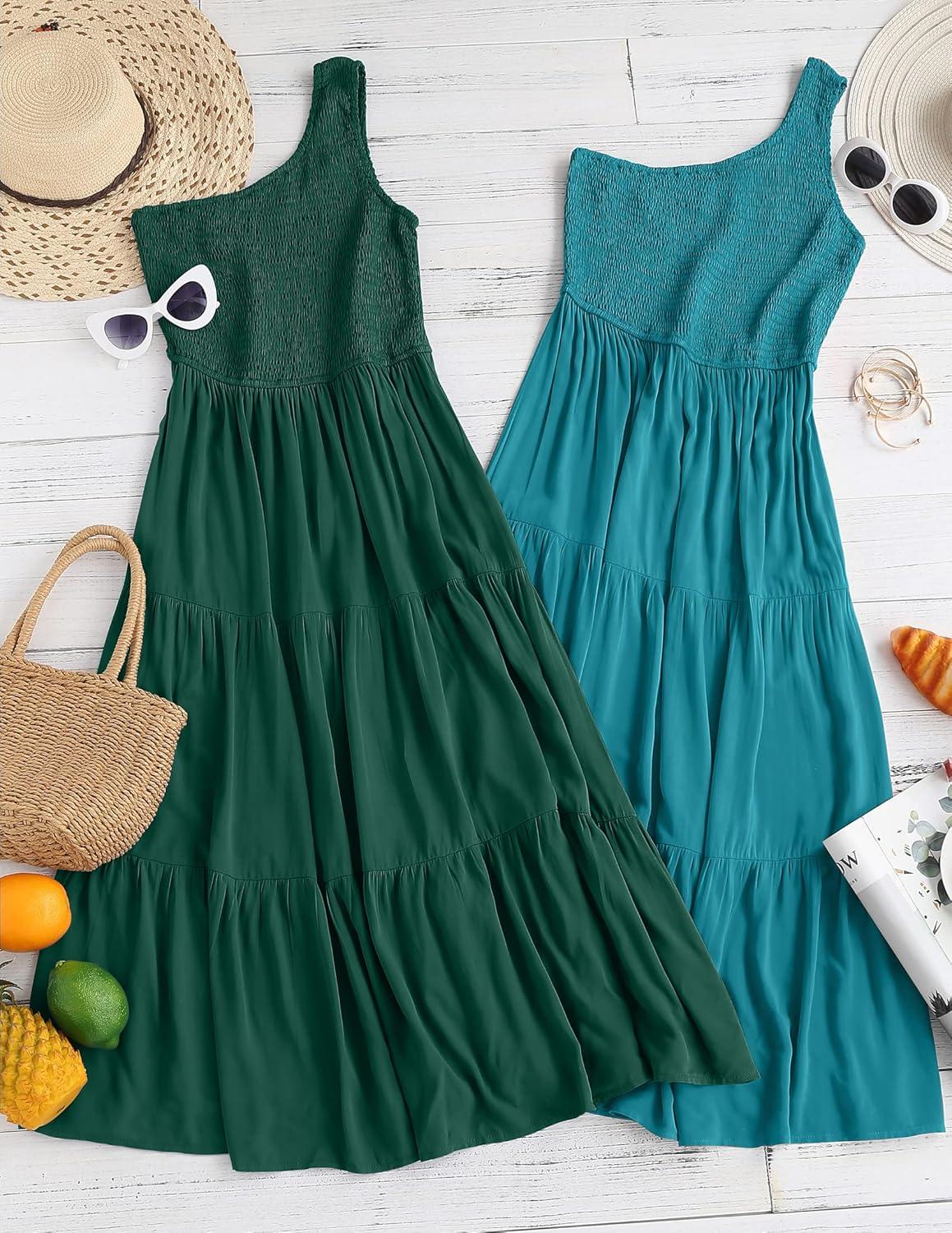 imageZESICA Womens 2026 Bohemian Summer Floral Print One Shoulder Sleeveless Smocked Ruffle Tiered Beach Long Midi DressSoliddarkgreen