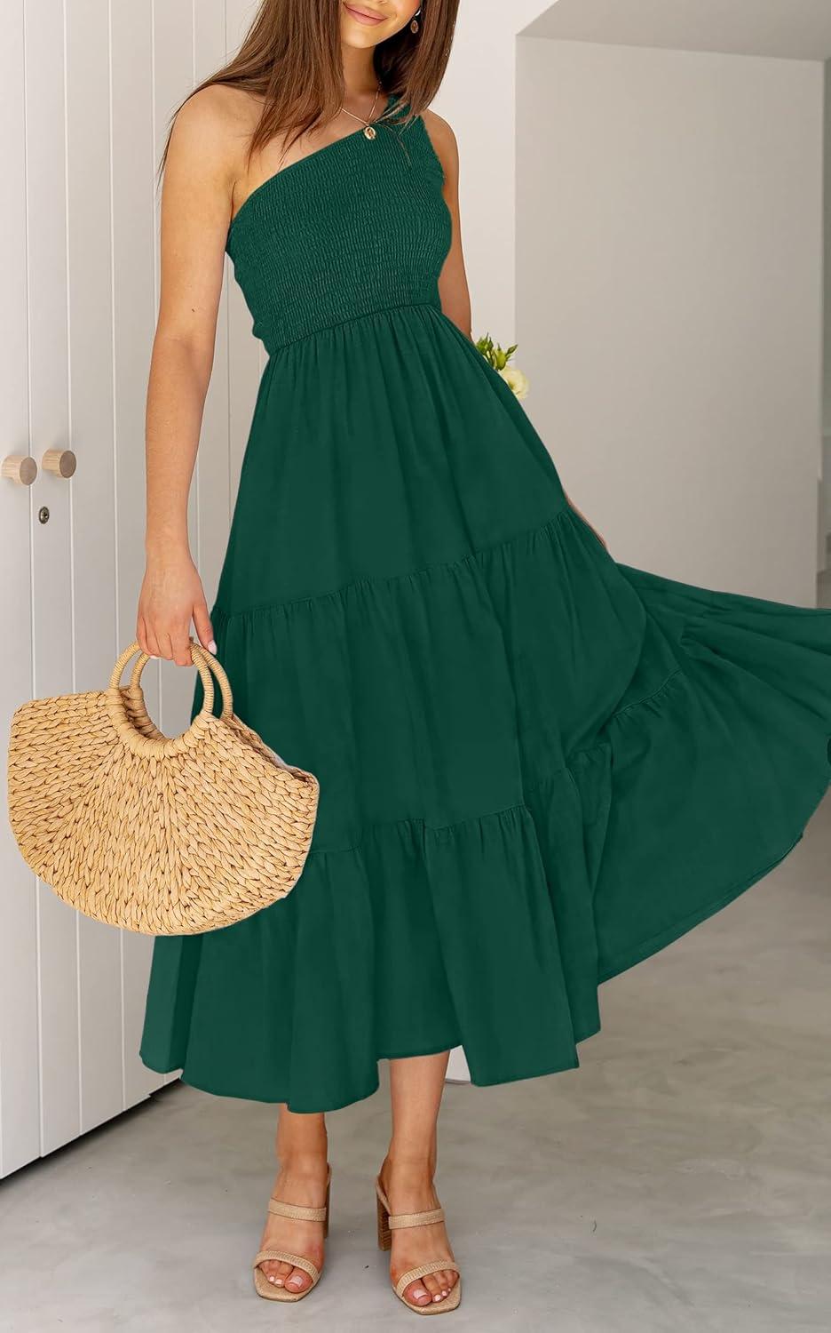 imageZESICA Womens 2026 Bohemian Summer Floral Print One Shoulder Sleeveless Smocked Ruffle Tiered Beach Long Midi DressSoliddarkgreen