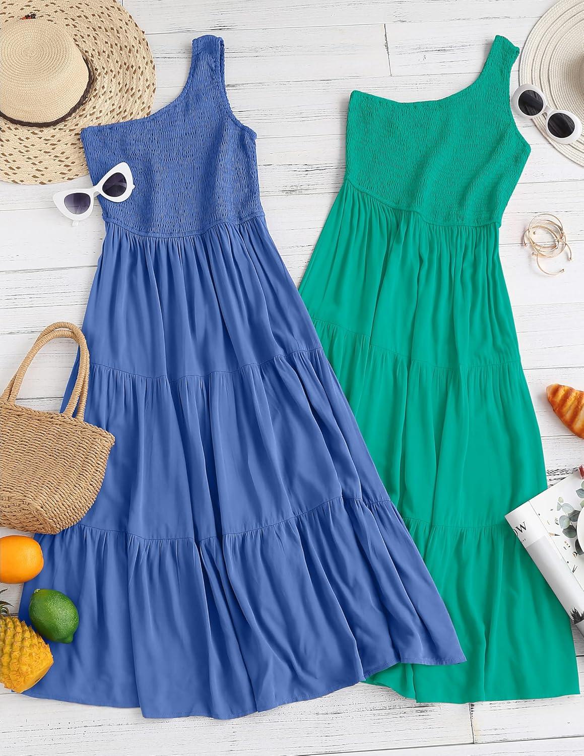 imageZESICA Womens 2026 Bohemian Summer Floral Print One Shoulder Sleeveless Smocked Ruffle Tiered Beach Long Midi DressSolidgreen