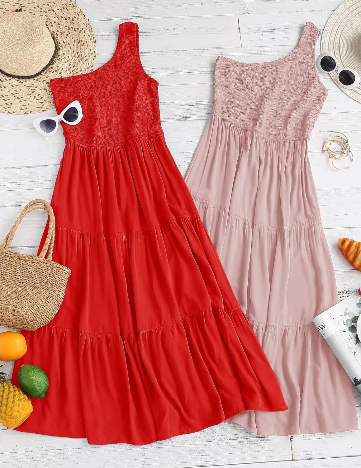 imageZESICA Womens 2026 Bohemian Summer Floral Print One Shoulder Sleeveless Smocked Ruffle Tiered Beach Long Midi DressSolidred