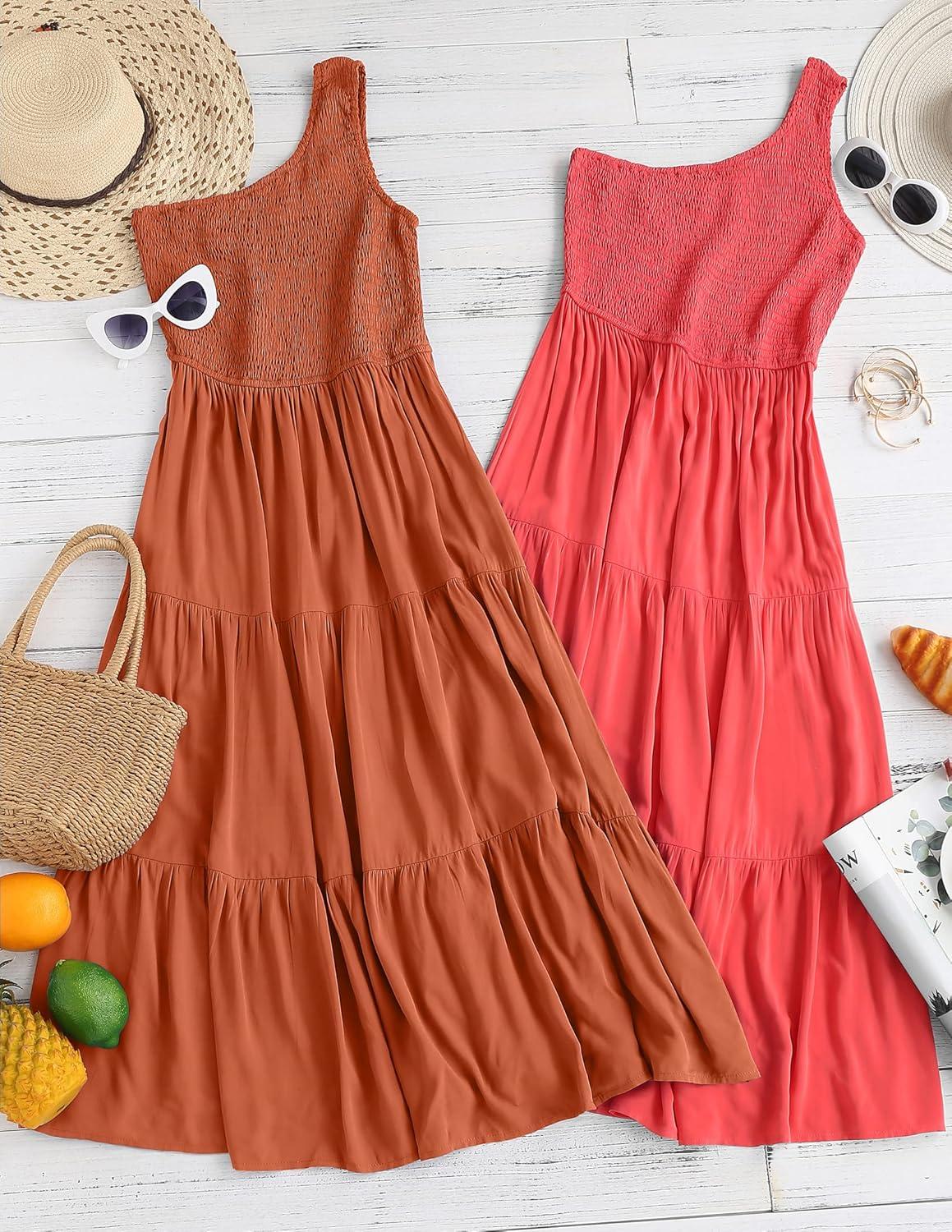 imageZESICA Womens 2026 Bohemian Summer Floral Print One Shoulder Sleeveless Smocked Ruffle Tiered Beach Long Midi DressSolidrust