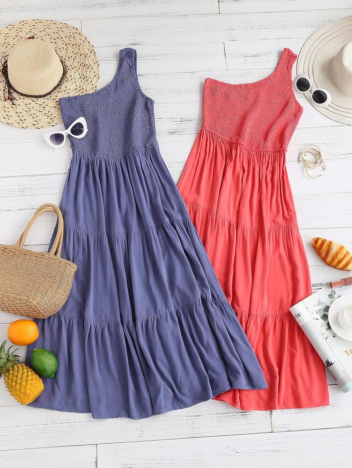 imageZESICA Womens 2026 Bohemian Summer Floral Print One Shoulder Sleeveless Smocked Ruffle Tiered Beach Long Midi DressSolidwatermelon