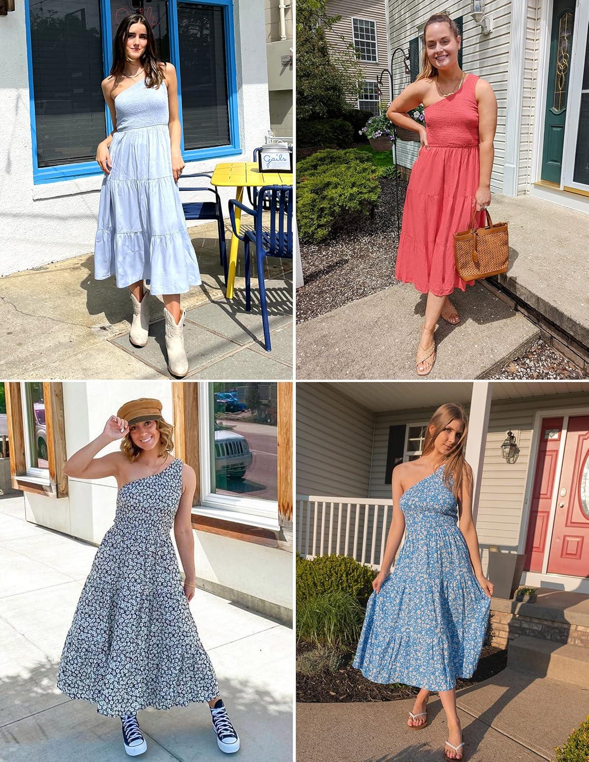imageZESICA Womens 2026 Bohemian Summer Floral Print One Shoulder Sleeveless Smocked Ruffle Tiered Beach Long Midi DressSolidwatermelon