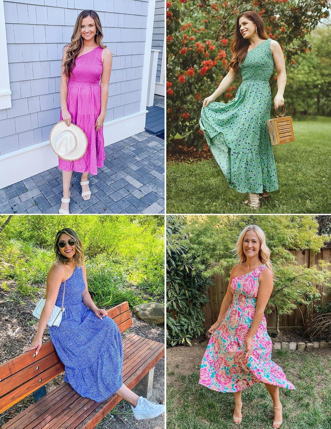 imageZESICA Womens 2026 Bohemian Summer Floral Print One Shoulder Sleeveless Smocked Ruffle Tiered Beach Long Midi DressWhitepink