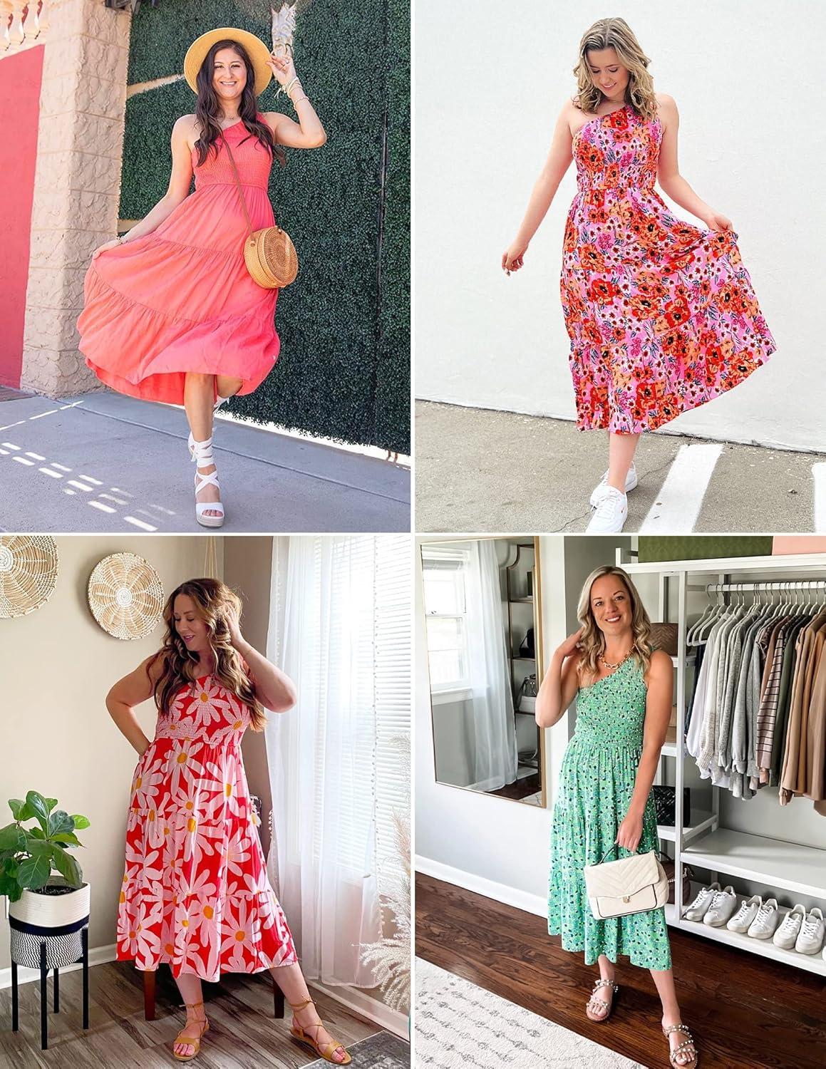 imageZESICA Womens 2026 Bohemian Summer Floral Print One Shoulder Sleeveless Smocked Ruffle Tiered Beach Long Midi DressWhitepink